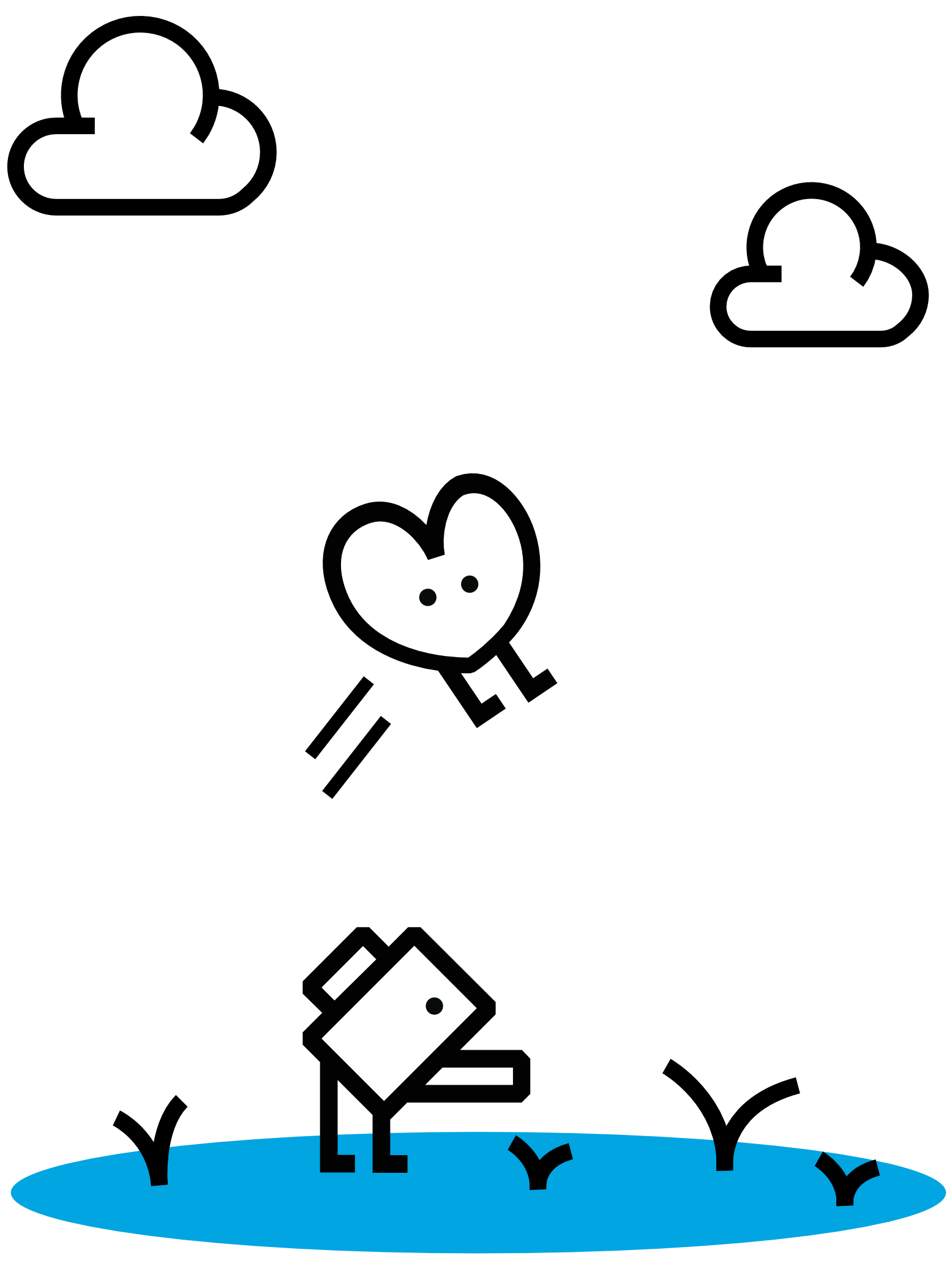A flying heart-icon jumping over a field