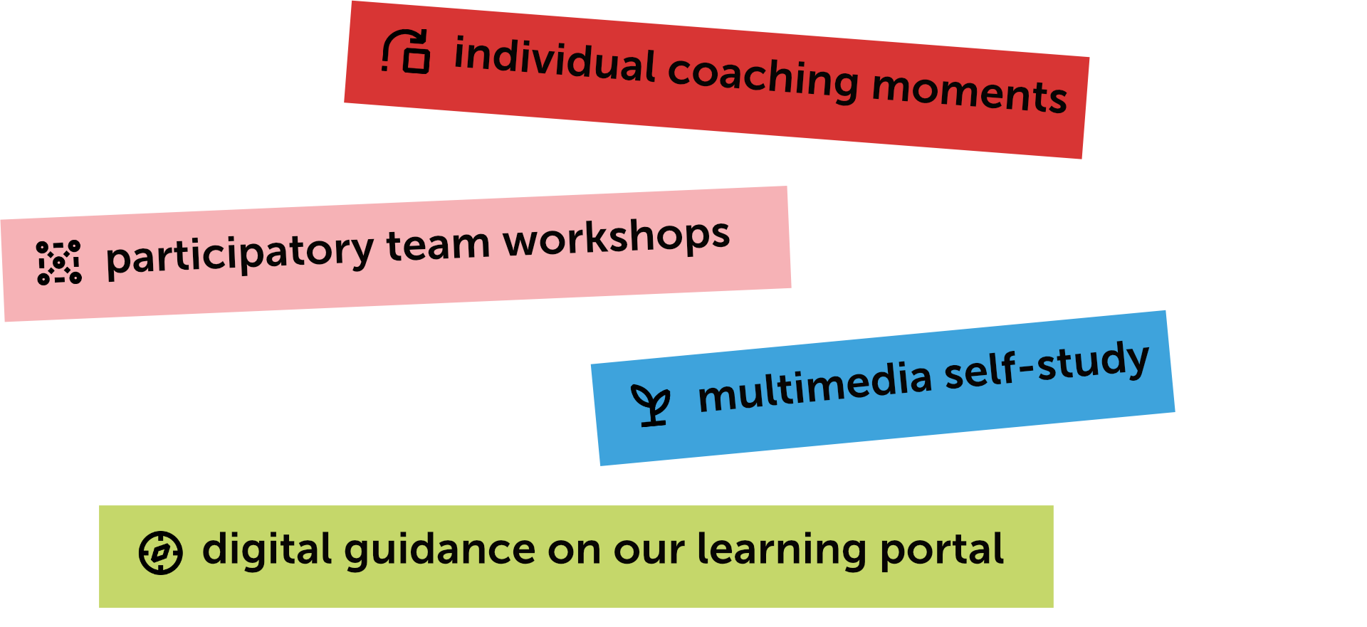 individual coaching, participatory team workshops, multimedia self-study, guindance onr our learning portal