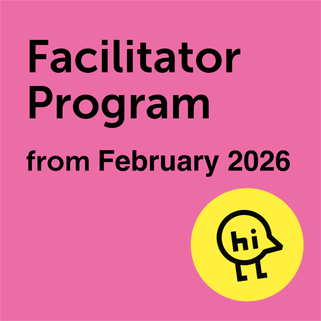 Visual confirming the next start date for the Facilitator Program is February 2026. Check the website for registration details.
