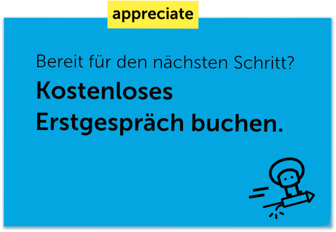 Blaues Notizkärtchen mit der Frage "Bereit für den nächsten Schritt?" und der Aufforderung "Kostenloses Erstgespräch buchen". Das Bild dient als CTA, um den Prozess der Beratung für Transformation und Kulturentwicklung zu starten.