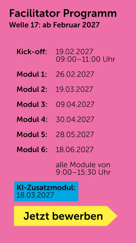 Welle 17 Kick-off: : 19.2.2027, 9 – 11 Uhr alle Module von 9:00 bis 15:30 Uhr Modul 1: 26.2.2027 Modul 2: 19.3.2027 Modul 3: 9.4.2027 Modul 4: 30.4.2027 Modul 5: 28.5.2027 Modul 6: 18.6.2027 Jetzt bewerben
